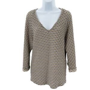 ANTHROPOLOGIE POSTAGE STAMP TAG Tan Black  & White Seersucker 3/4 Sleeve Top M